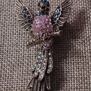 Vintage Multicolored With AB Crystal Feathers Bird Brooch, 2.75"